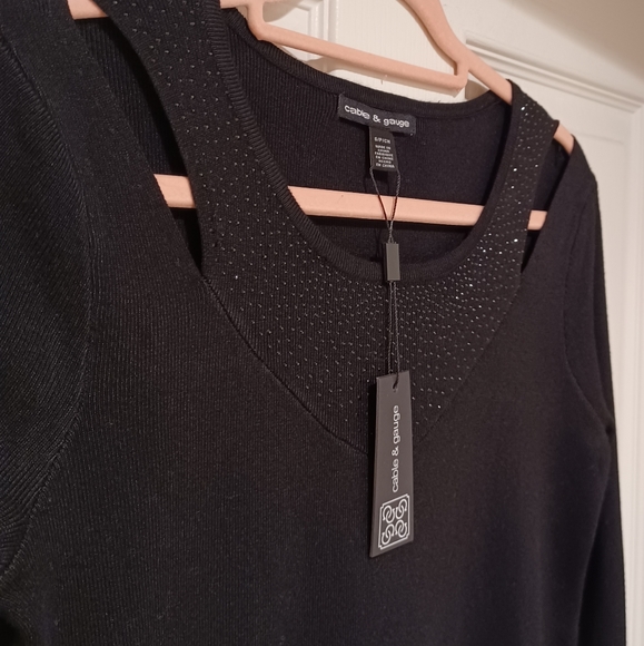 CABLE & GAUGE RHINESTONES SPARKLY BODYCON SWEATER DRESS CUT SHOULDER - Picture 5 of 10